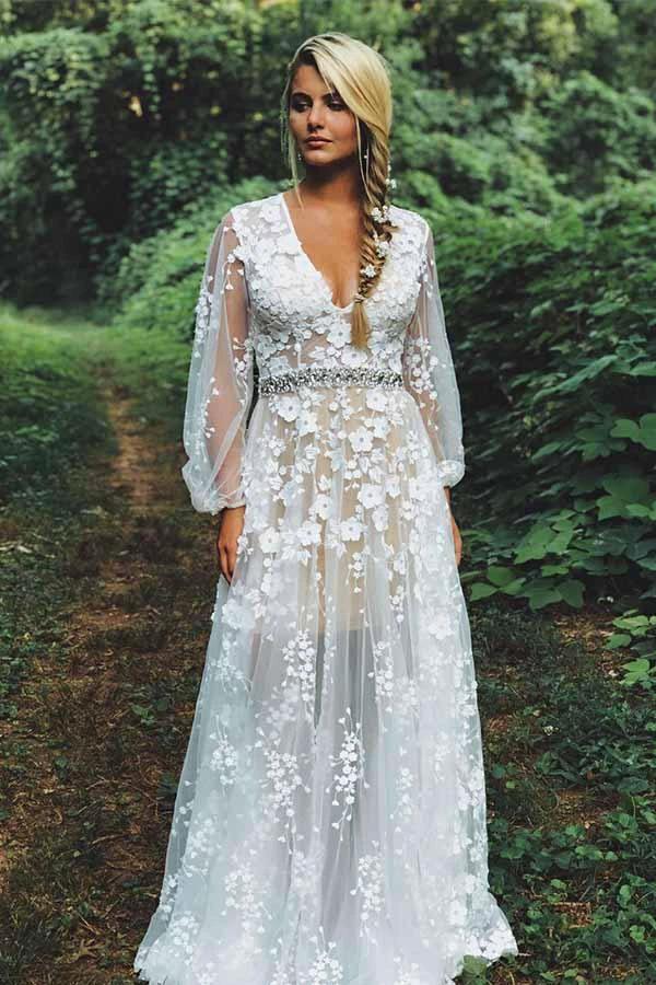 Modest V-neck White Lace Long Sleeves Wedding Dress with Beading (ZD16027)