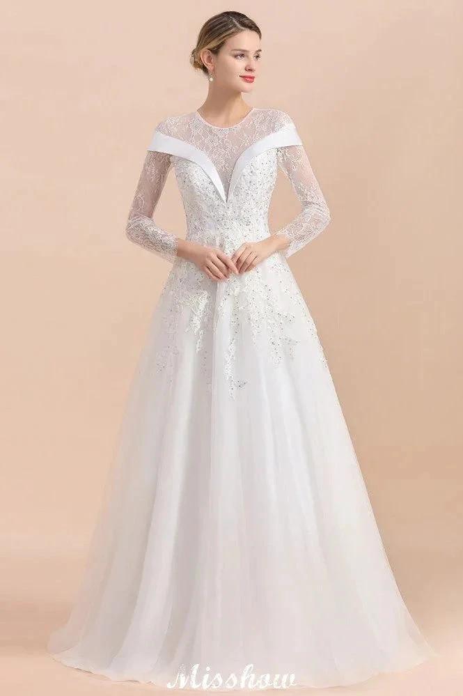Modest White Beaded Appliques Wedding Dress Long Sleeve Floor Length Ball Gown (ZD13987) - View 3 | VelvetHem