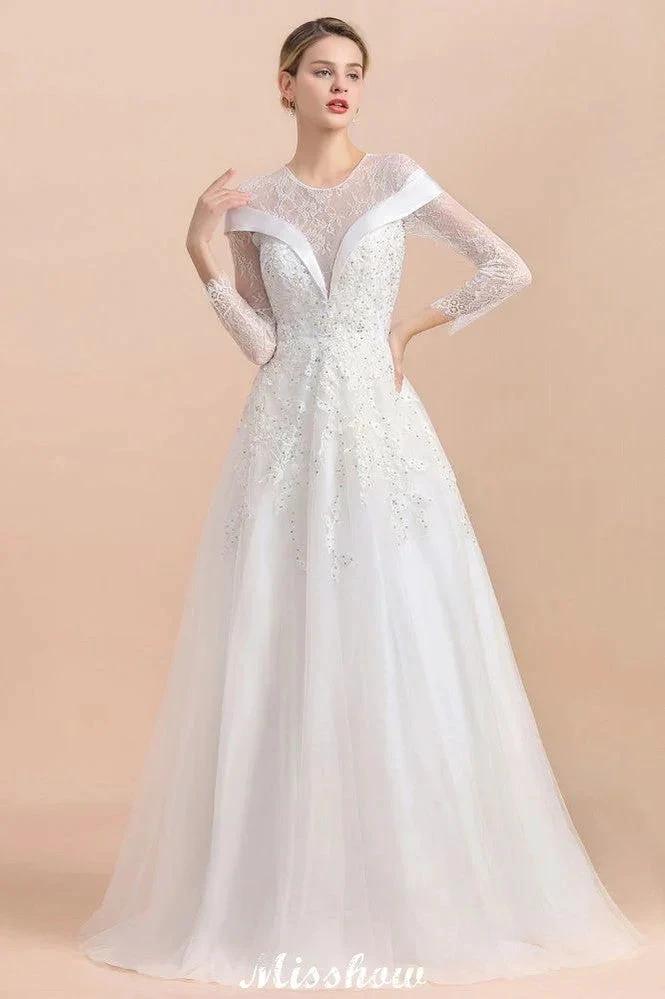 Modest White Beaded Appliques Wedding Dress Long Sleeve Floor Length Ball Gown (ZD13987) - View 4 | VelvetHem