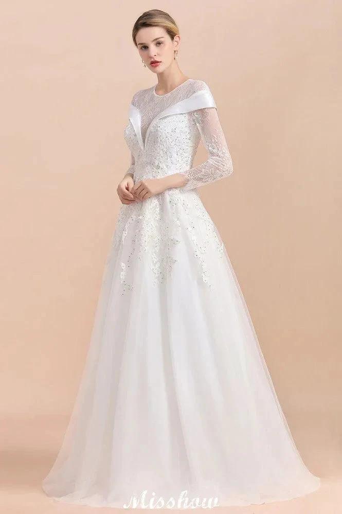 Modest White Beaded Appliques Wedding Dress Long Sleeve Floor Length Ball Gown (ZD13987) - View 5 | VelvetHem