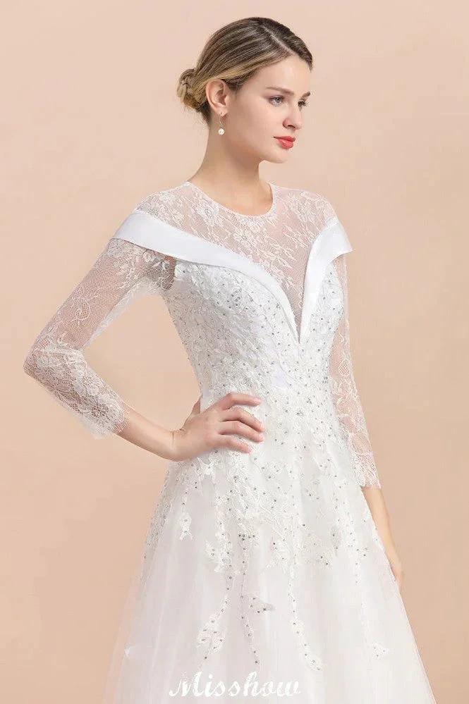 Modest White Beaded Appliques Wedding Dress Long Sleeve Floor Length Ball Gown (ZD13987) - View 6 | VelvetHem
