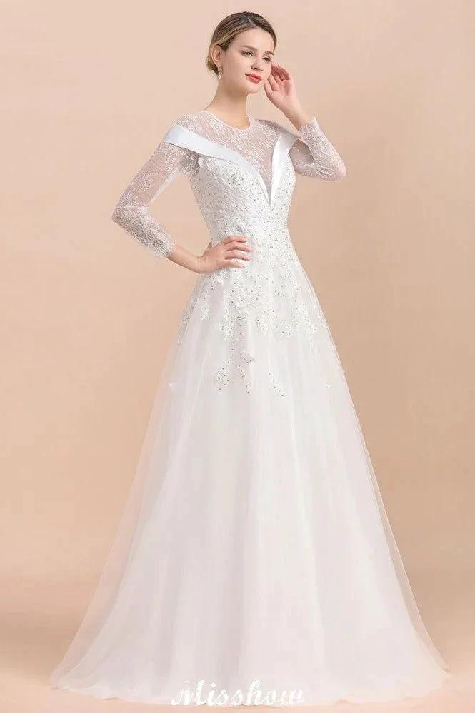 Modest White Beaded Appliques Wedding Dress Long Sleeve Floor Length Ball Gown (ZD13987) - View 7 | VelvetHem