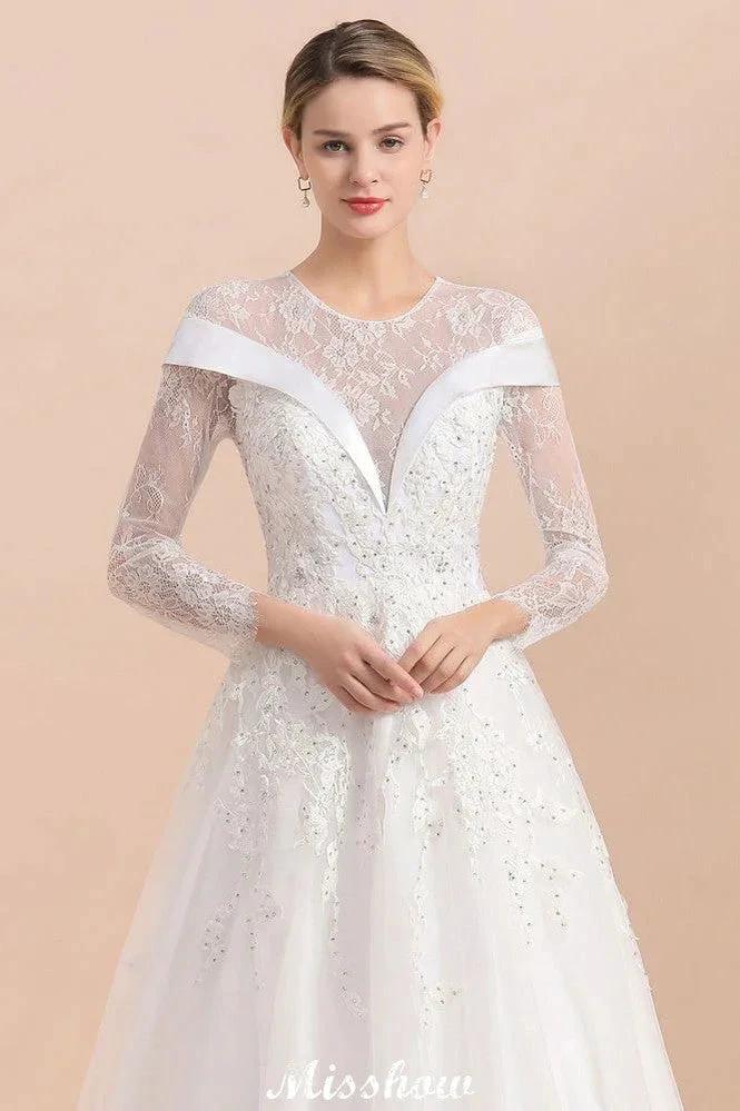 Modest White Beaded Appliques Wedding Dress Long Sleeve Floor Length Ball Gown (ZD13987) - View 8 | VelvetHem