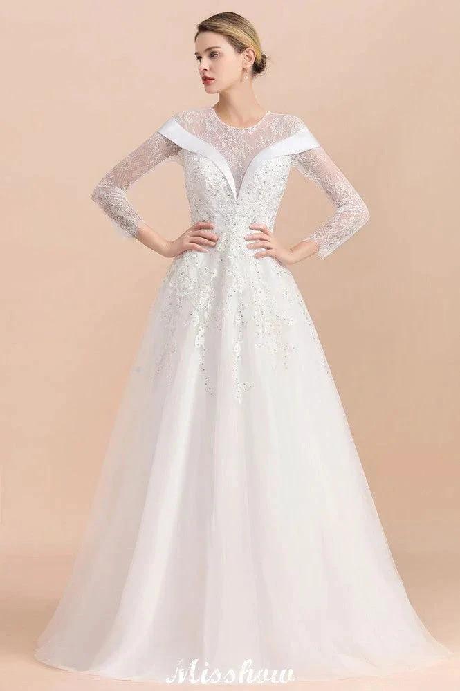 Modest White Beaded Appliques Wedding Dress Long Sleeve Floor Length Ball Gown (ZD13987) - View 9 | VelvetHem