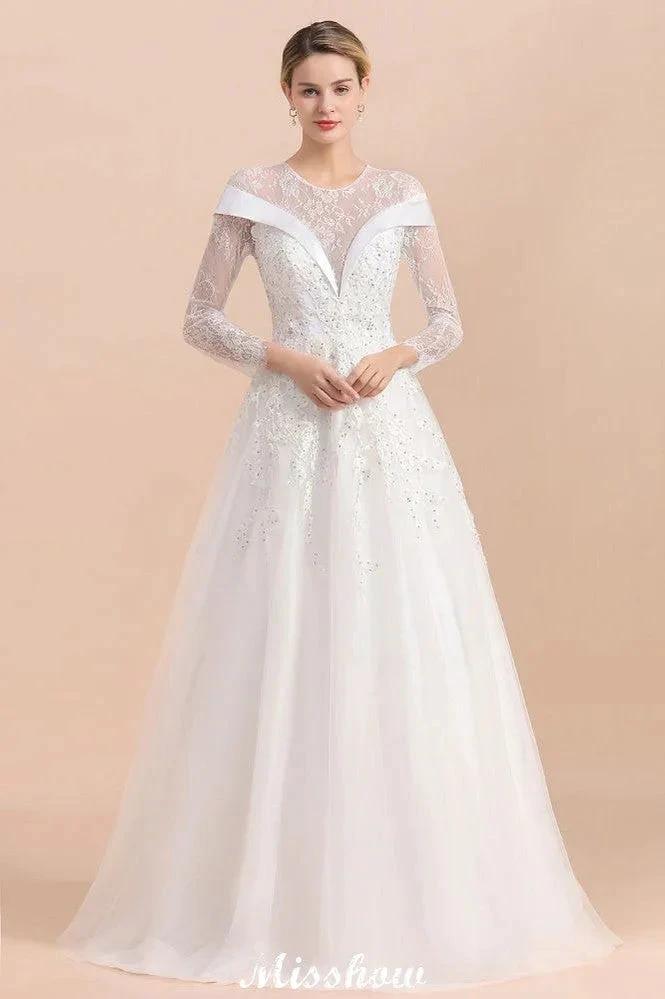 Modest White Beaded Appliques Wedding Dress Long Sleeve Floor Length Ball Gown (ZD13987) - VelvetHem