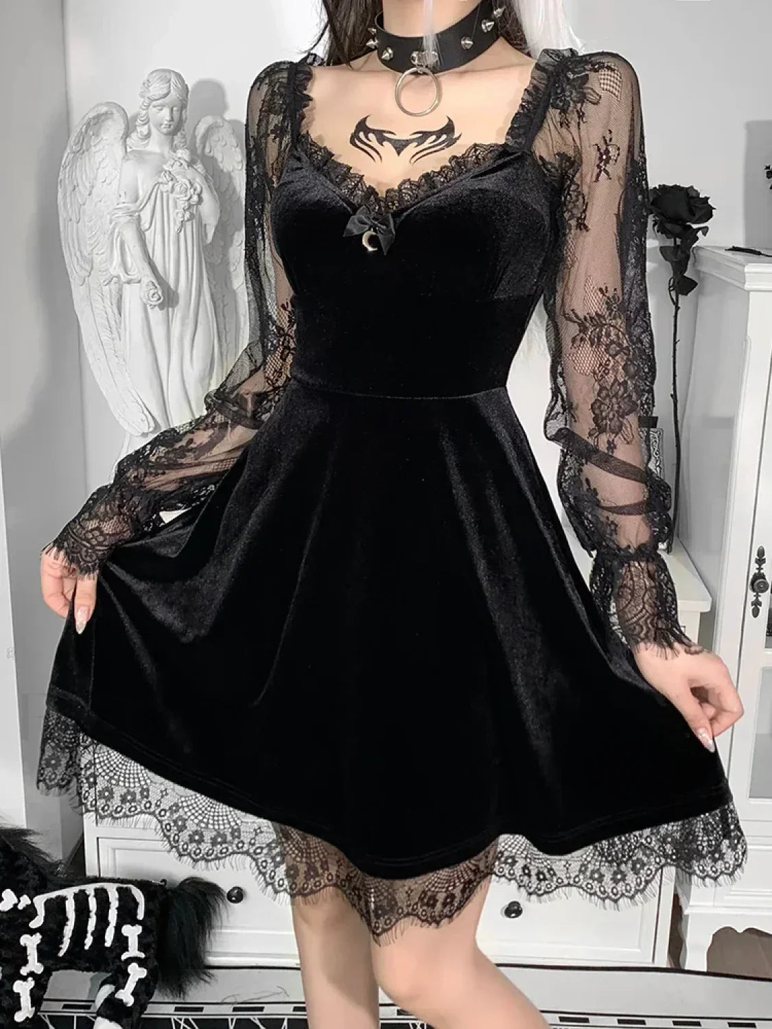 Moon Sexy Black Grunge Dark Neck Aesthetic Vintage Mini Long Sleeve Autumn Dress