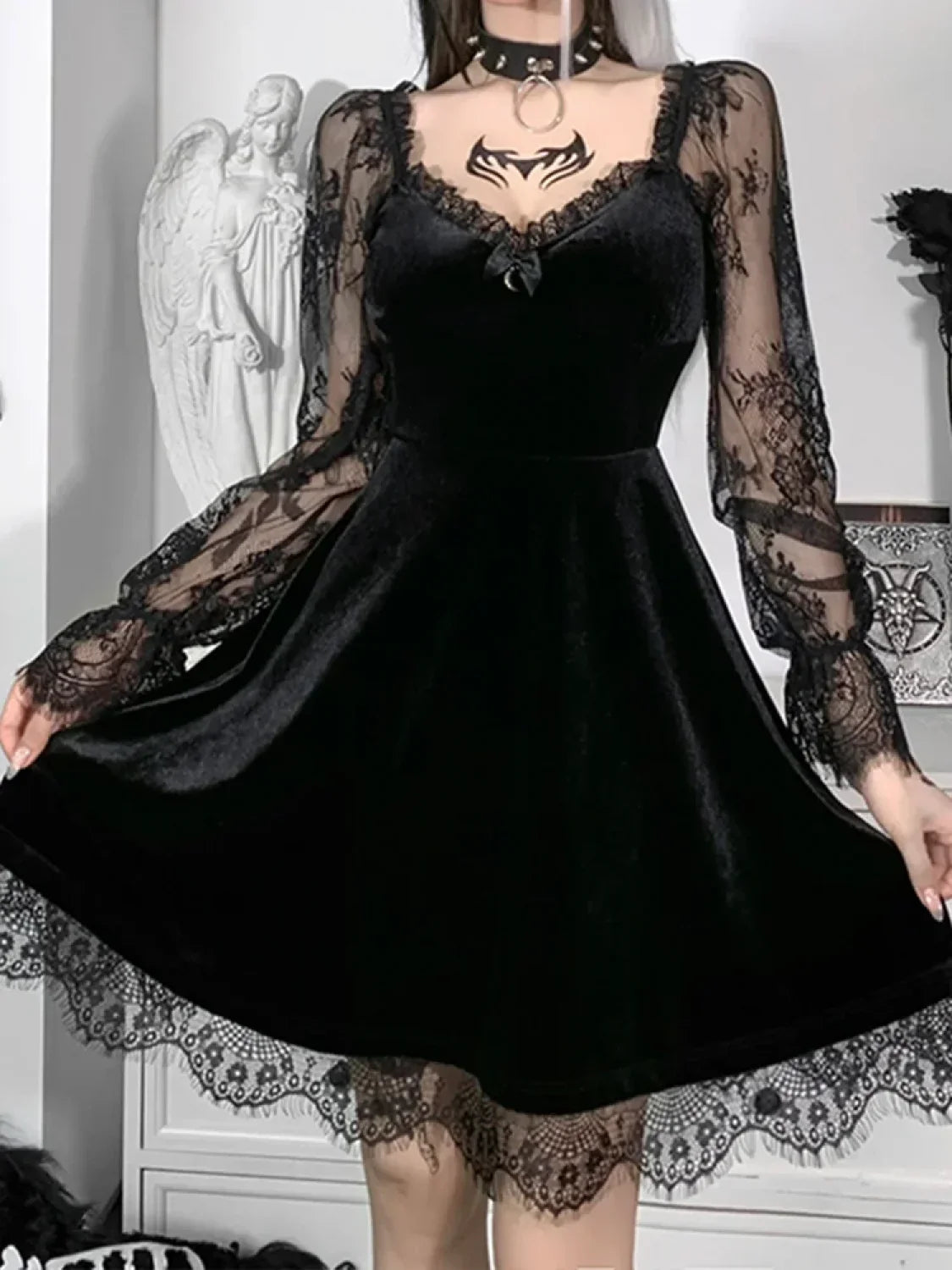 Moon Sexy Black Grunge Dark Neck Aesthetic Vintage Mini Long Sleeve Autumn Dress Black / S