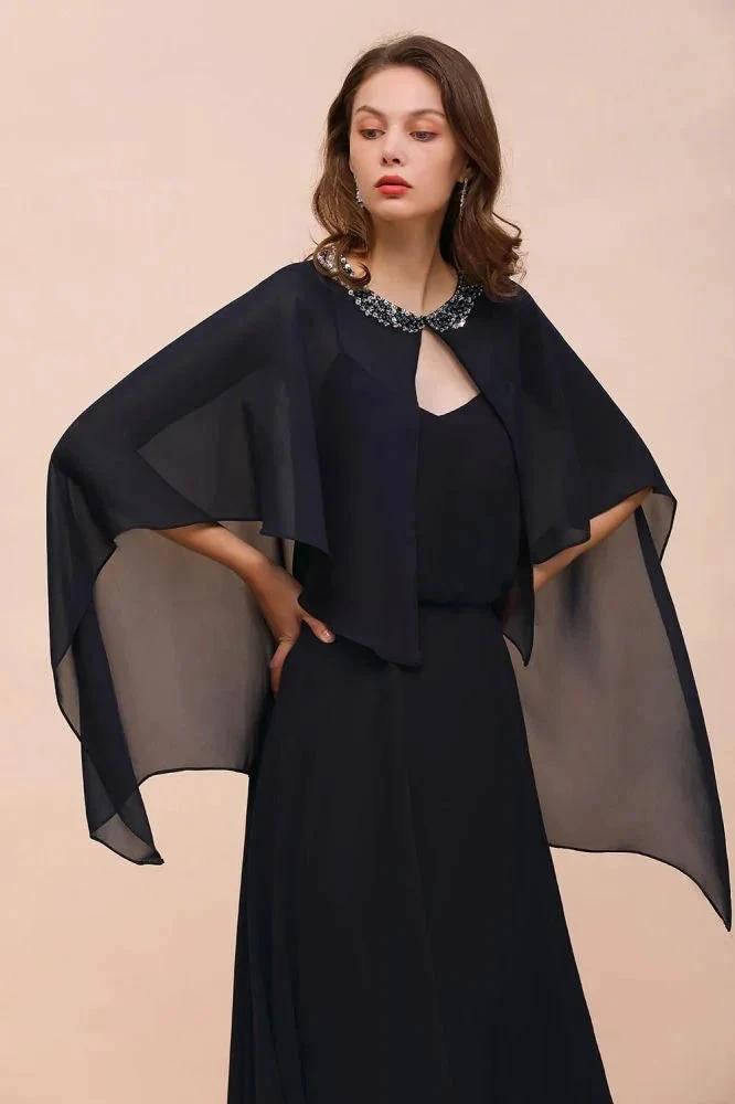 Navy Blue Bridesmaid Dress with Beading Wraps Floor Length Chiffon Maid of Honor Dress (ZD12995)