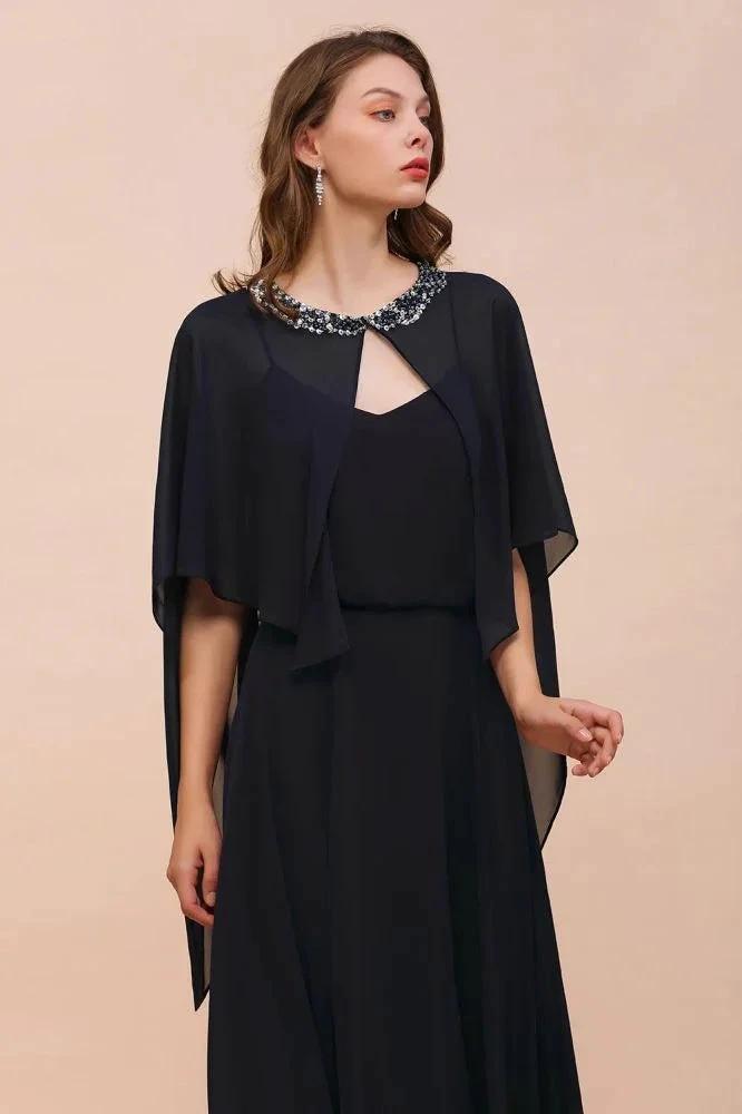 Navy Blue Bridesmaid Dress with Beading Wraps Floor Length Chiffon Maid of Honor Dress (ZD12995)