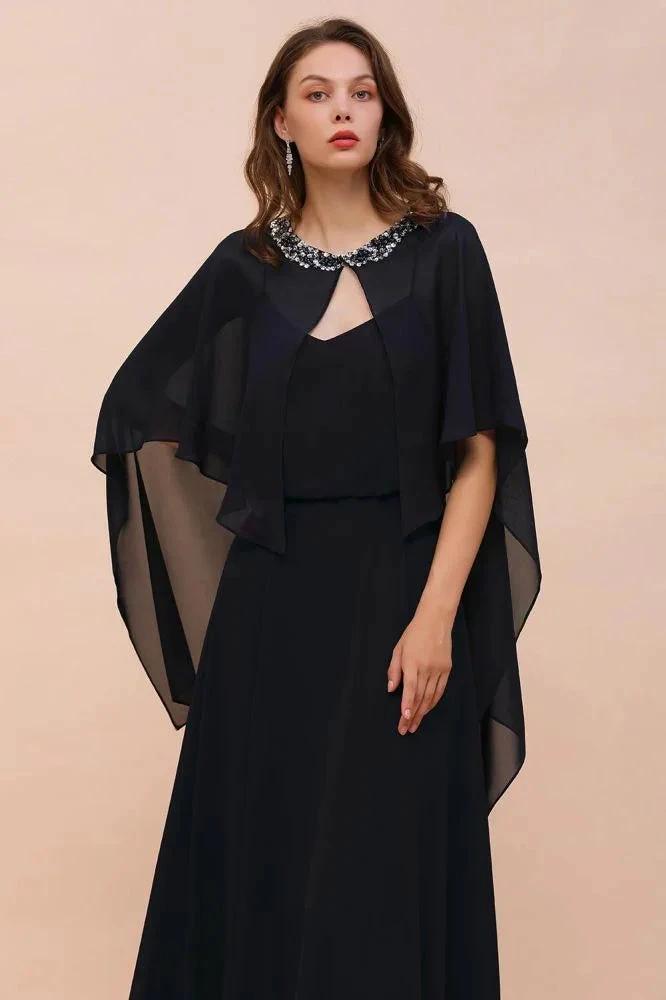 Navy Blue Bridesmaid Dress with Beading Wraps Floor Length Chiffon Maid of Honor Dress (ZD12995)
