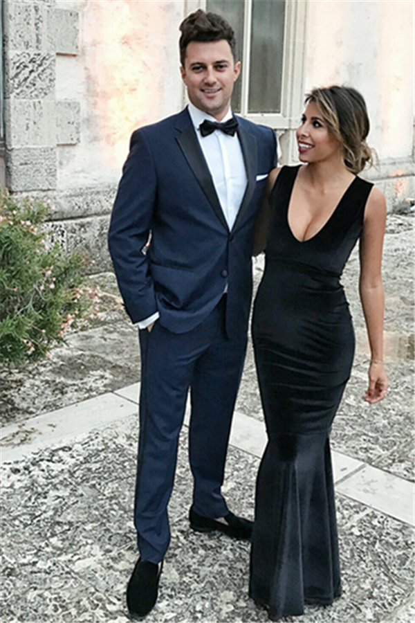 Navy Blue Prom Outfits Notch Lapel Slim Fit Men Suit