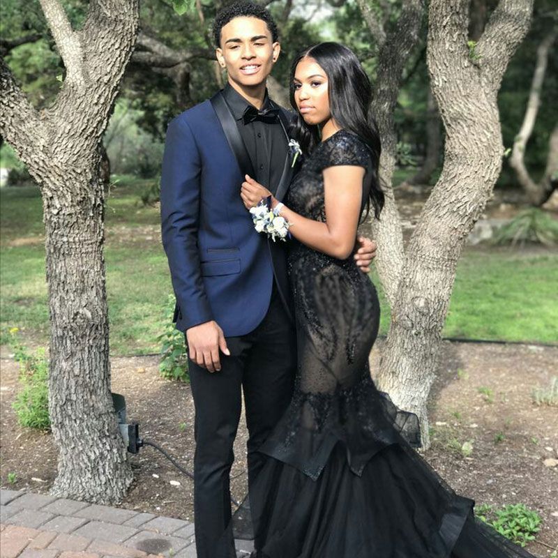 Navy Blue Two-Piece Slim-Fit Prom Mens Suits with Black Silk Lapel