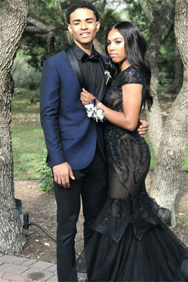 Navy Blue Two-Piece Slim-Fit Prom Mens Suits with Black Silk Lapel