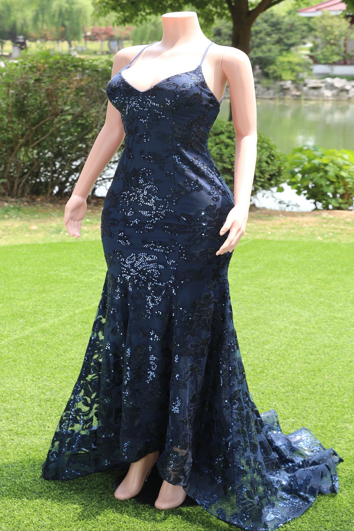 Navy Blue V-neck Mermaid Tulle High Split Prom Dresses
