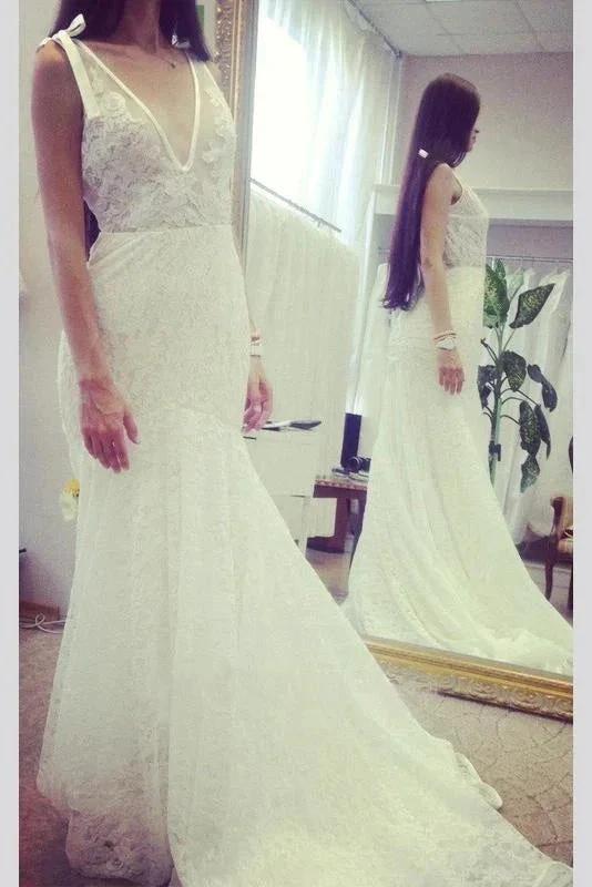 Neck Sleeveless Pretty Mermaid Gown With Deep V Back Long Lace Elegant Wedding Dresses (ZD14726)