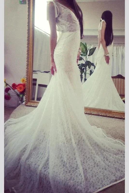 Neck Sleeveless Pretty Mermaid Gown With Deep V Back Long Lace Elegant Wedding Dresses (ZD14726)