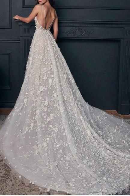 Nectarean V-Neck Sleeveless A-Line Floor-Length Lace Wedding Dresses with Chapel Train (ZD14670) - View 2 | VelvetHem