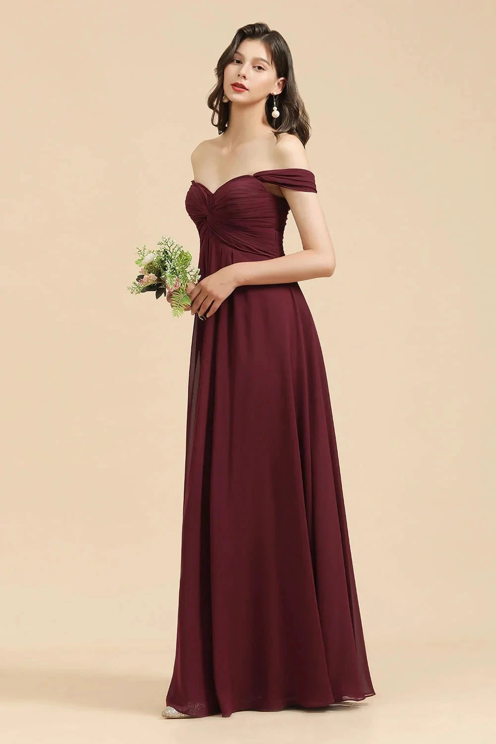 New Arrival A-line Off-the-shoulder Sweetheart Burgundy Long Bridesmaid Dress (ZD12876)