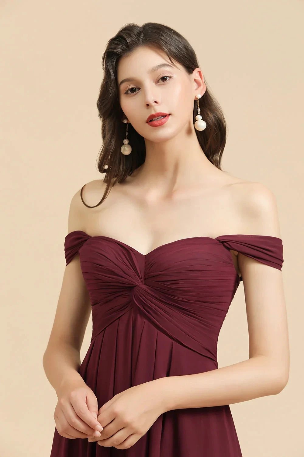 New Arrival A-line Off-the-shoulder Sweetheart Burgundy Long Bridesmaid Dress (ZD12876)