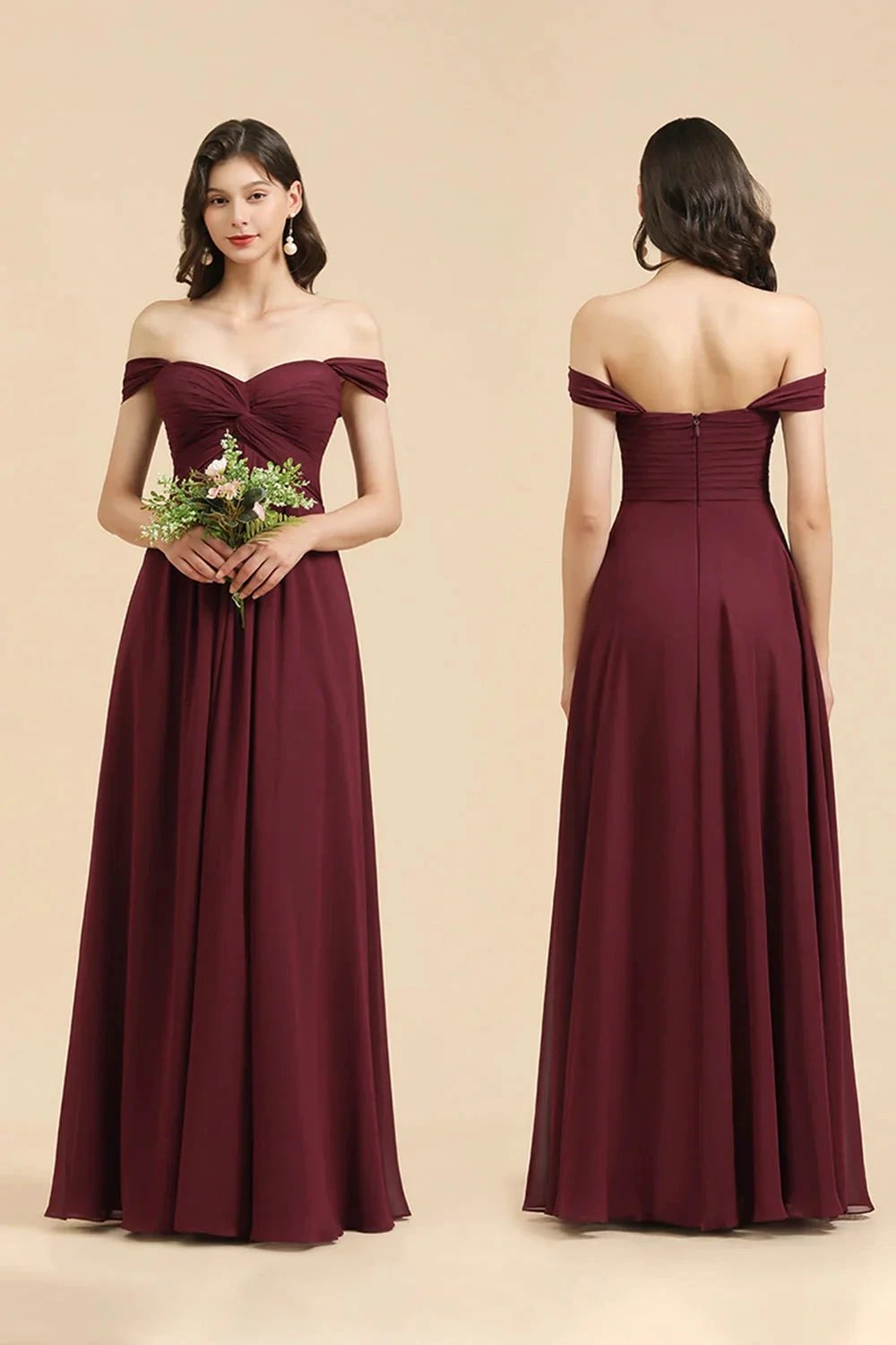 New Arrival A-line Off-the-shoulder Sweetheart Burgundy Long Bridesmaid Dress (ZD12876)