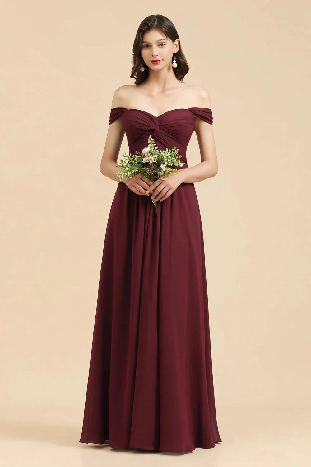 New Arrival A-line Off-the-shoulder Sweetheart Burgundy Long Bridesmaid Dress (ZD12876)