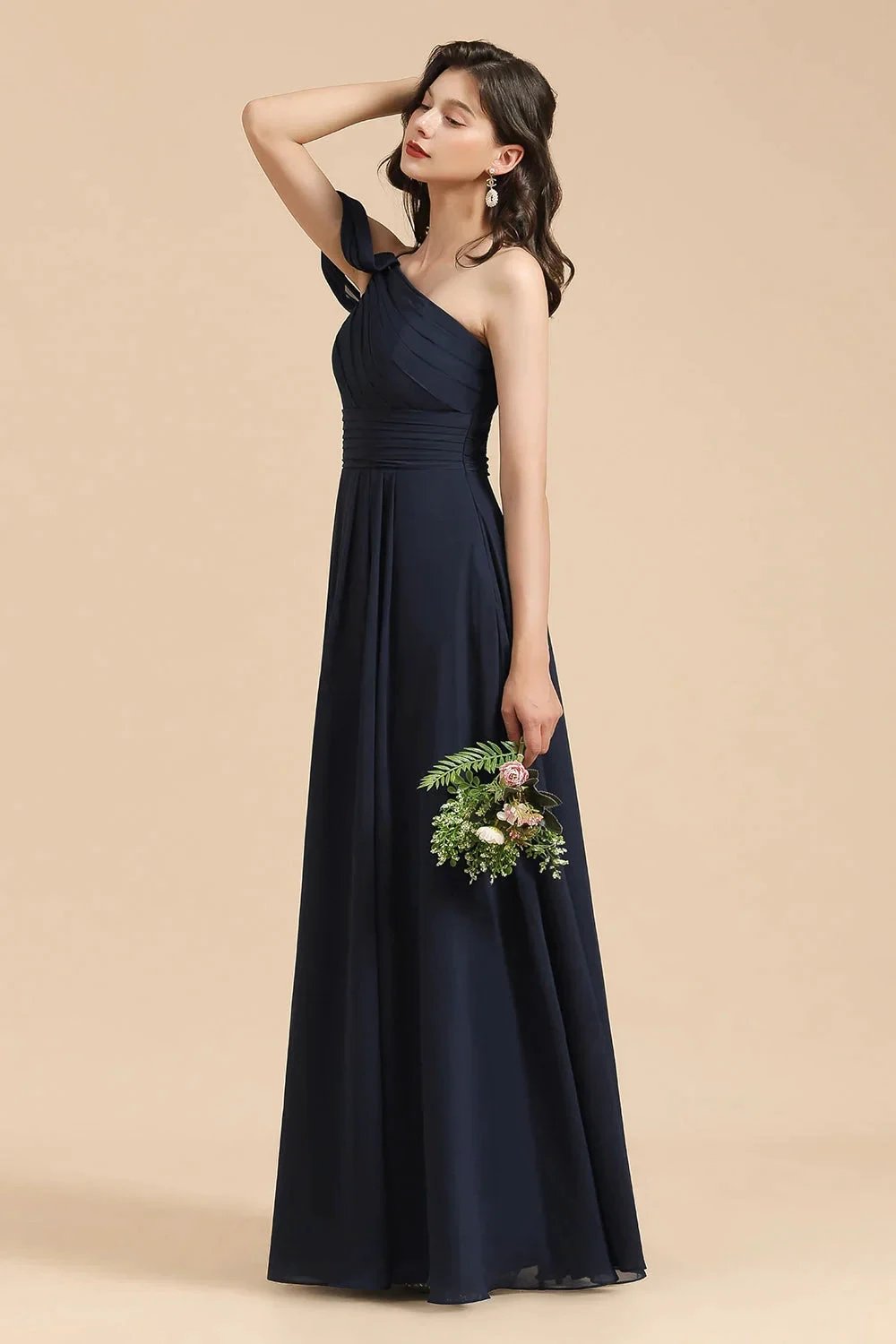 New Arrival Black One Shoulder A-line Long Bridesmaid Dress (ZD12877)