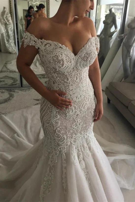 New Arrival Off-the-Shoulder Sweetheart Pearl Mermaid Chapel Train Wedding Dress (ZD16590)