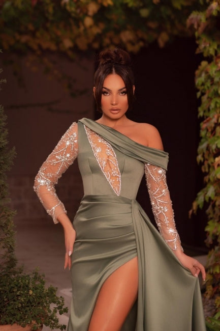 New Arrival One-Shoulder Beading Split Graduation Dresses Long Prom Dresses With Long Sleeves