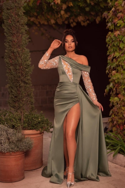 New Arrival One-Shoulder Beading Split Graduation Dresses Long Prom Dresses With Long Sleeves