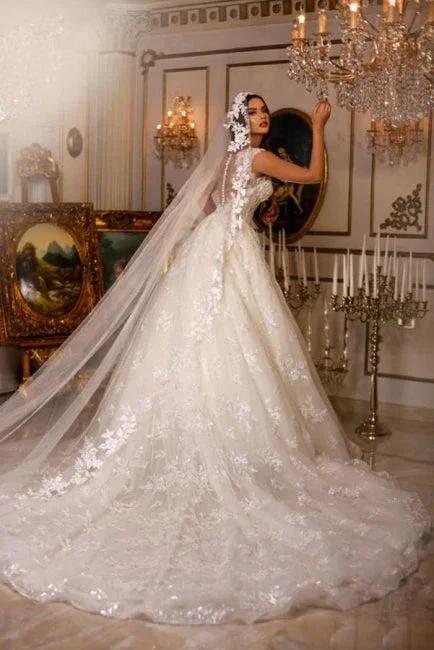 New Elegant Long A-line V-neck Sleeveless Wedding Dresses With Lace (ZD14986)