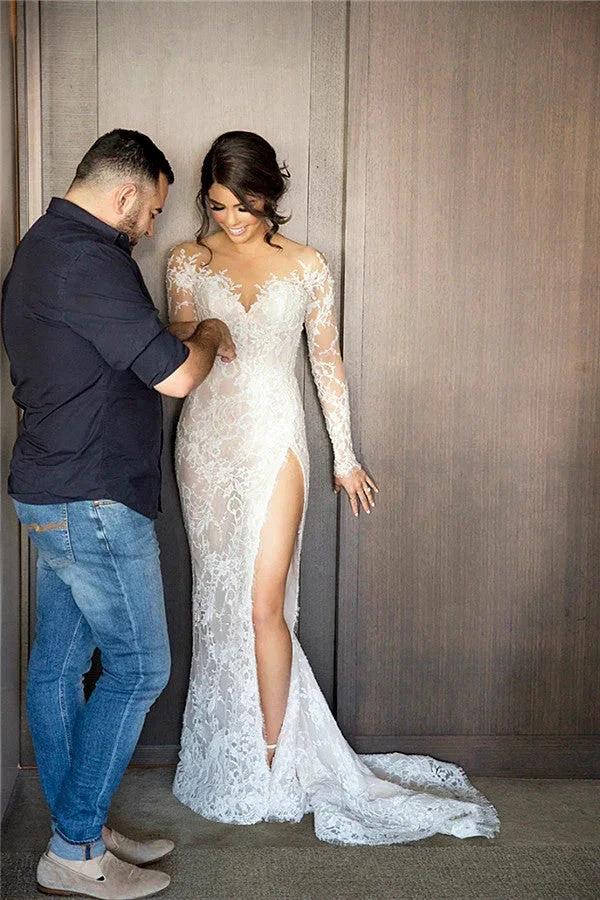 New Full Lace Split Wedding Dress Illusion Back Bridal Wears with Detachable Skirt (ZD13848)