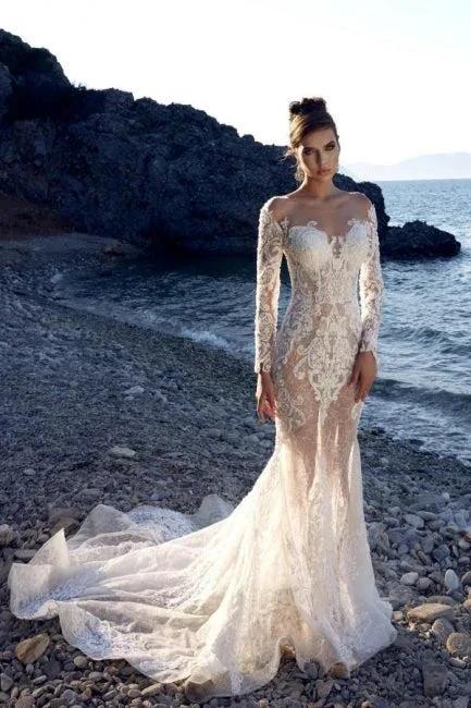 New Long Mermaid Lace Wedding Dresses With Long Sleeves (ZD14615) - VelvetHem