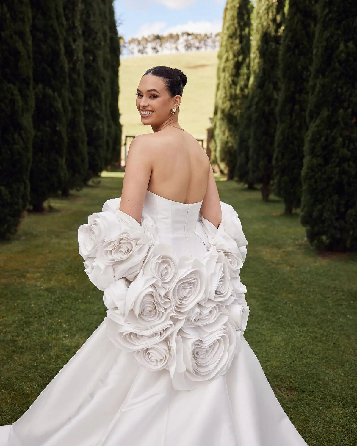 Ivory Satin Mermaid Wedding Dress 3D Giant Rose Floral With Veil ZP034