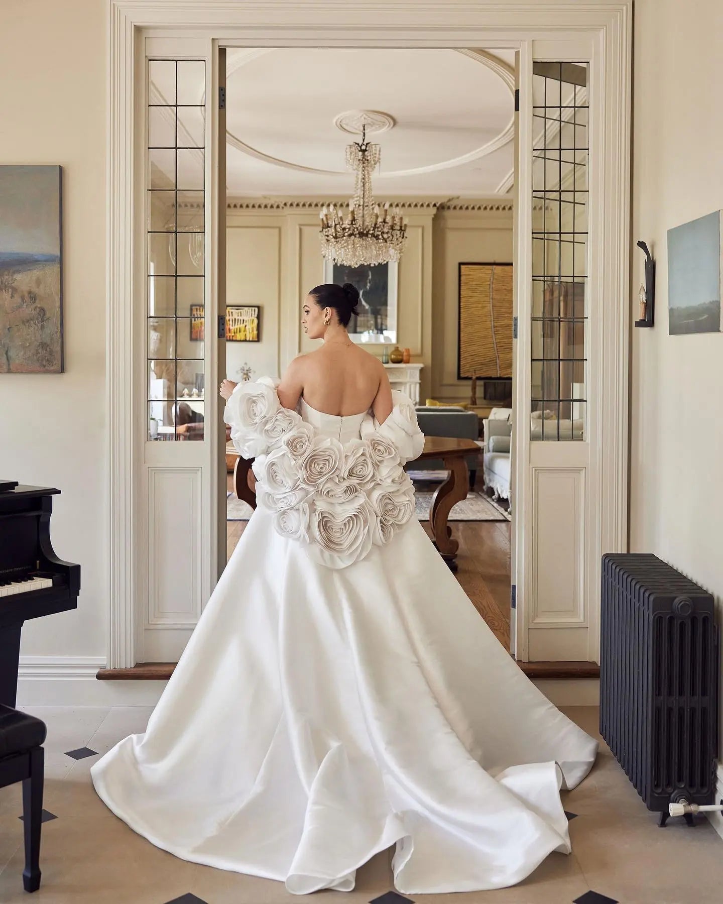 Ivory Satin Mermaid Wedding Dress 3D Giant Rose Floral With Veil ZP034
