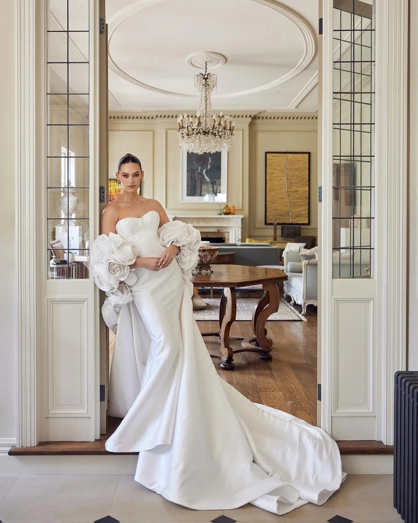 Ivory Satin Mermaid Wedding Dress 3D Giant Rose Floral With Veil ZP034