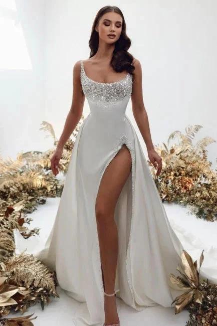 Noble square sleeveless a-line satin Wedding dress with pearls (ZD14846)