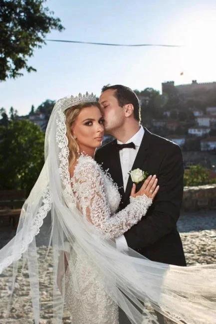 Noble vneck longsleeves mermaid lace Wedding dresses (ZD14879)