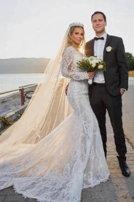 Noble vneck longsleeves mermaid lace Wedding dresses (ZD14879)