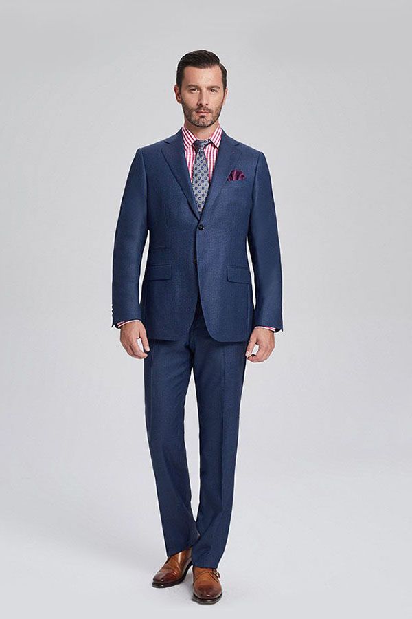Notch Lapel Flap Pocket Navy Blue Mens Business Suits