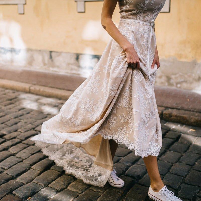 Vintage Champagne Lace Bohemian Wedding Dress A Line Cap Sleeve - View 3 | VelvetHem