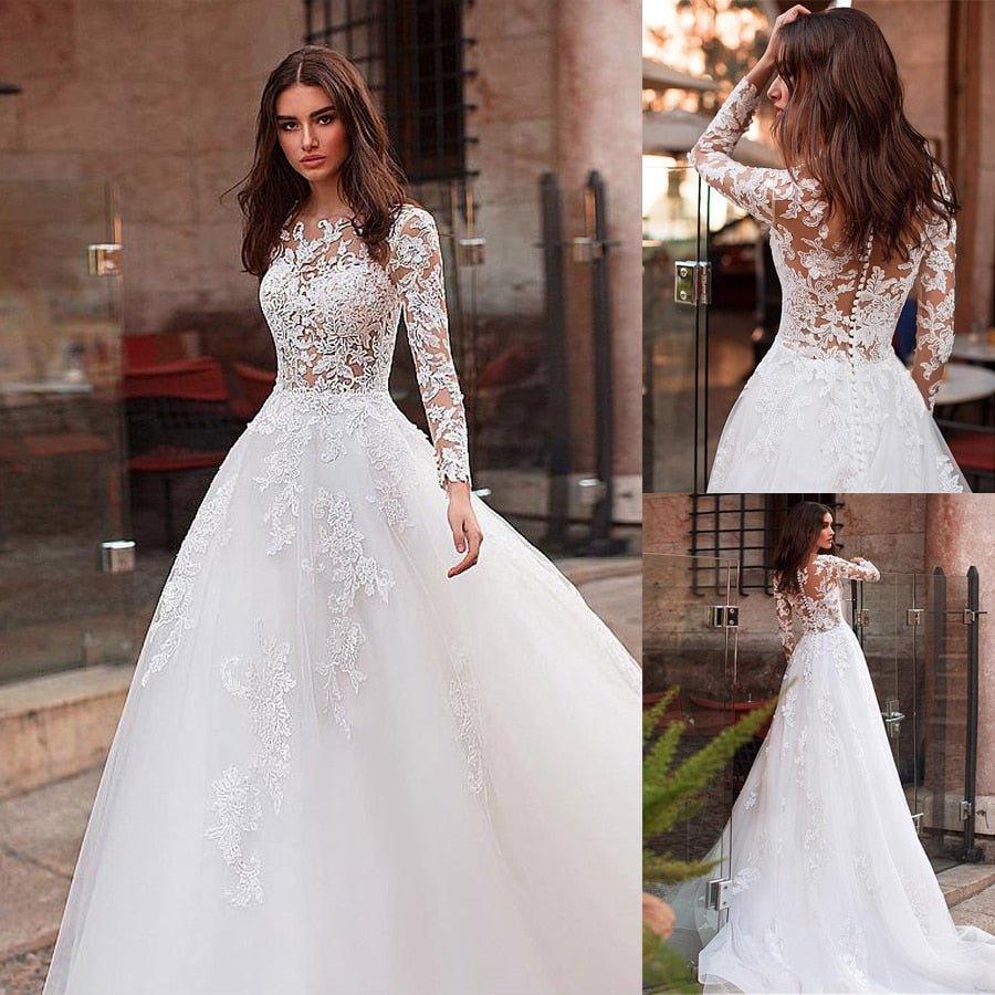 Sunnderly Attractive Tulle Jewel Neckline See-through Bodice A-line Wedding Dress With Lace Appliques & Beadings Long Sleeves Bridal Dress - VelvetHem