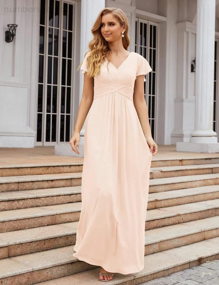 ZapDress Chiffon Bridesmaid Dress Cap Sleeves Maxi Prom Gowns Party Wedding Mother of The Bride Dresses for Women (ZD17035)