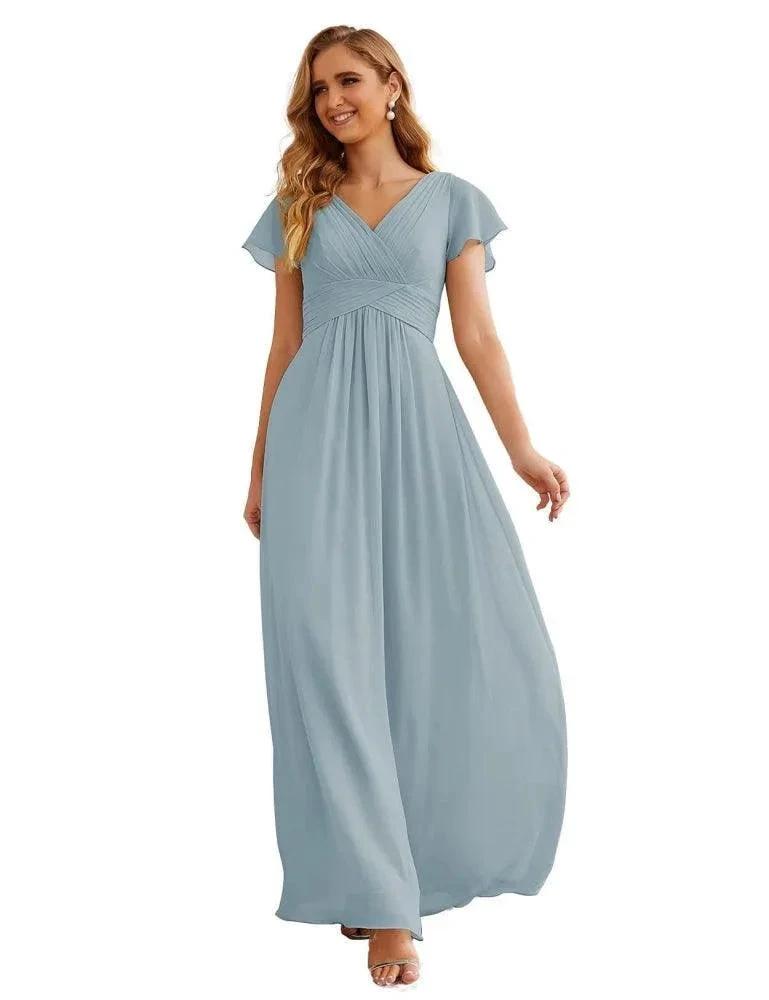 Numbersea Chiffon Bridesmaid Dress Cap Sleeves Maxi Prom Gowns Party Wedding Mother of The Bride Dresses for Women SEA28047 by numbersea