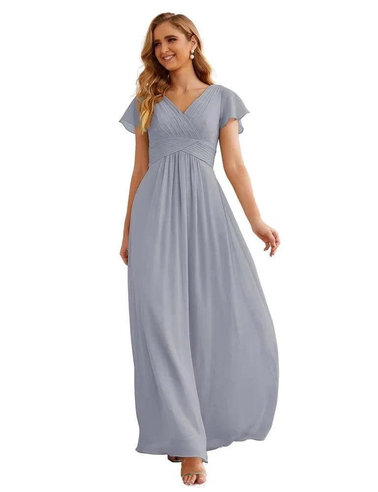 Numbersea Chiffon Bridesmaid Dress Cap Sleeves Maxi Prom Gowns Party Wedding Mother of The Bride Dresses for Women SEA28047 by numbersea