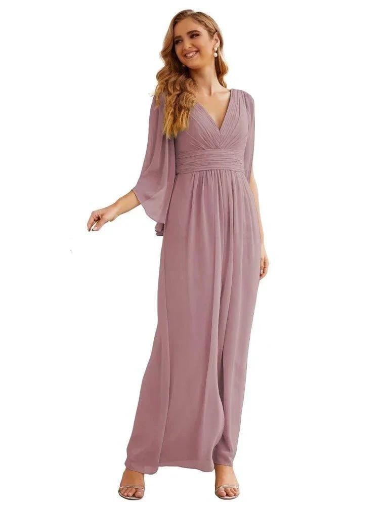 Numbersea Chiffon Bridesmaid Dresses with Split for Women Wedding Long Party Prom Gown Flutter Sleeve SEA28045 by numbersea