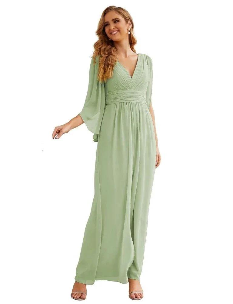 Numbersea Chiffon Bridesmaid Dresses with Split for Women Wedding Long Party Prom Gown Flutter Sleeve SEA28045 by numbersea