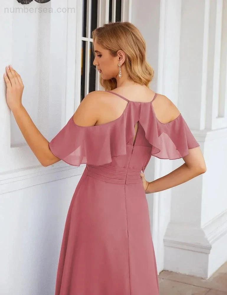 ZapDress Chiffon Cold Shoulder Long Bridesmaid Dresses Plus Size Formal Prom Gowns for Women Party Wedding (ZD17005)