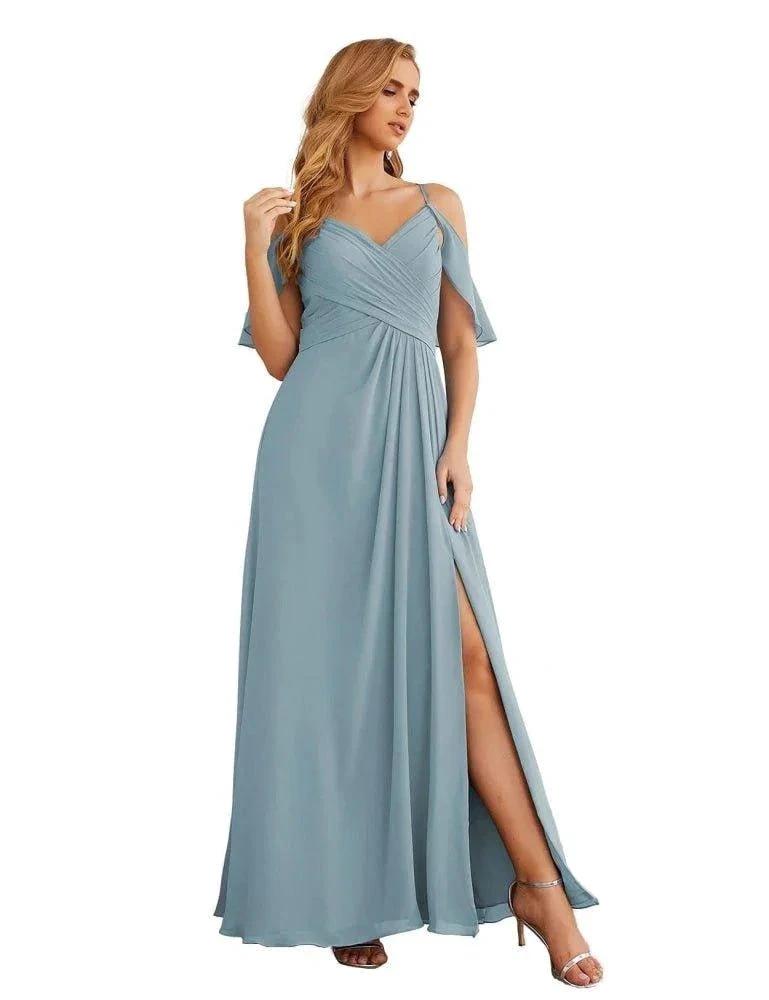 Numbersea Chiffon Cold Shoulder Long Bridesmaid Dresses Plus Size Formal Prom Gowns for Women Party Wedding SEA28070 by numbersea