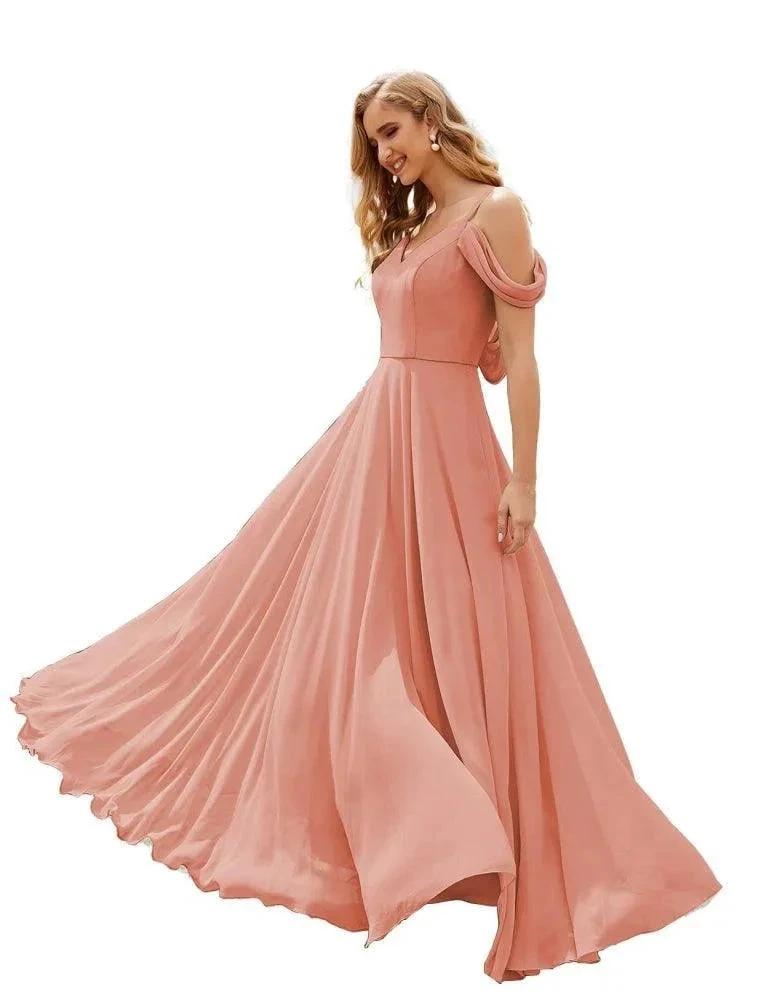 Numbersea Cold Shoulder Chiffon Bridesmaid Dresses Long Maxi Formal Prom Gowns for Women Party SEA28059 by numbersea