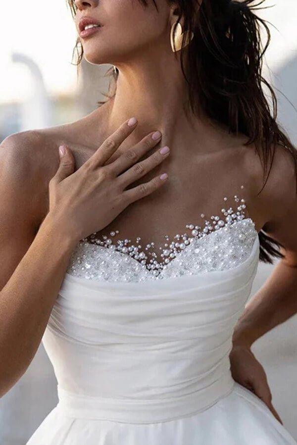 Glamorous Satin A-line Sweetheart Modest Wedding Dresses With Pearls MW1024 - View 3 | VelvetHem